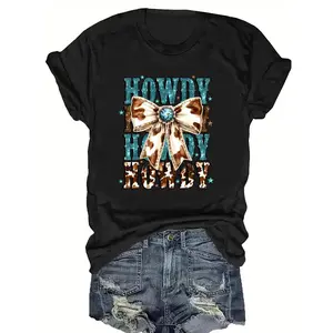 Women's Western Graphic T-Shirt - Black Short-Sleeve Crew Round Neck Fitted Top with Howdy Bowie Cowboy Print, Bow Tie Design, Machine Washable All-Season Comfort, Summer Outfit, Western Vibe