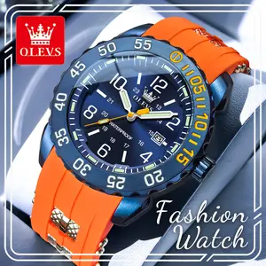 OLEVS 3688 Men’s Sport Diver Watch, Blue Dial with Orange Silicone Band, Waterproof Luminous Quartz with Date, Perfect for Outdoor & Daily Wear