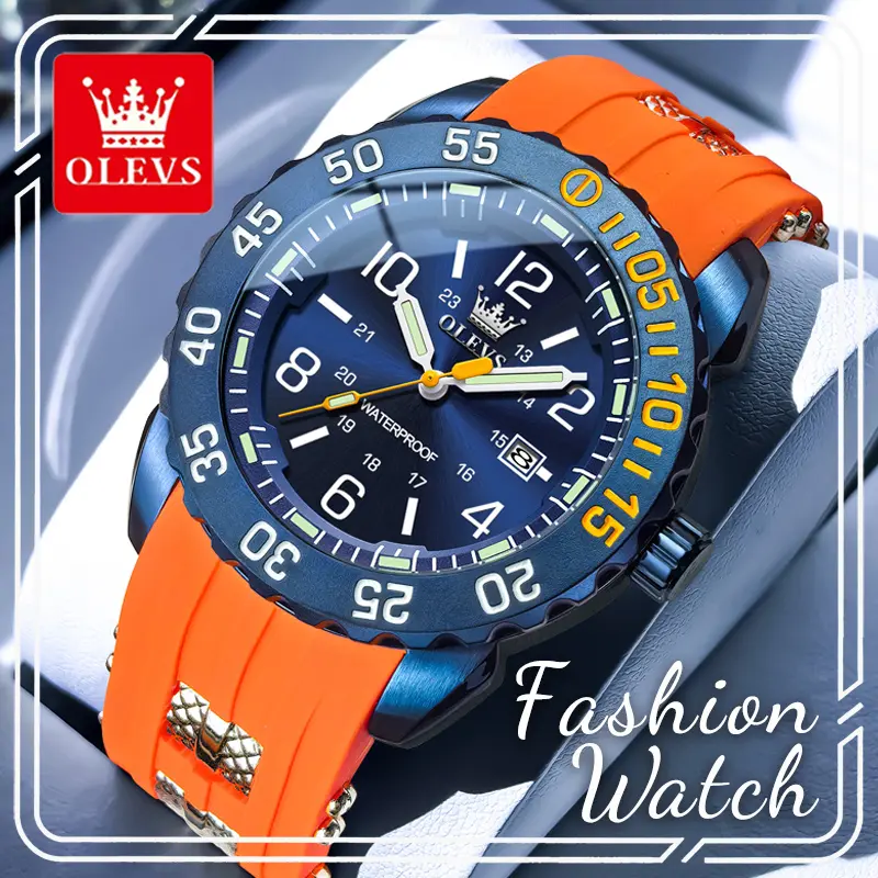 OLEVS 3688 Men's Sport Diver Watch, Blue Dial with Orange Silicone Band, Water-Resistant Glow-in-the-Dark Quartz with Date for Outdoor Wear, Water-Resistant Quartz Watches, Sporty Quartz Watches