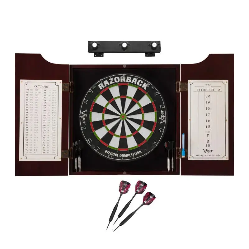 Professional Dart Set with Pine Cabinet, 17.75" Diameter Regulation Size Self-Healing Sisal Fiber Dartboard with Rotate Numbers, Brass Steel Tip Darts & Light for Rec Room Accurate Throws