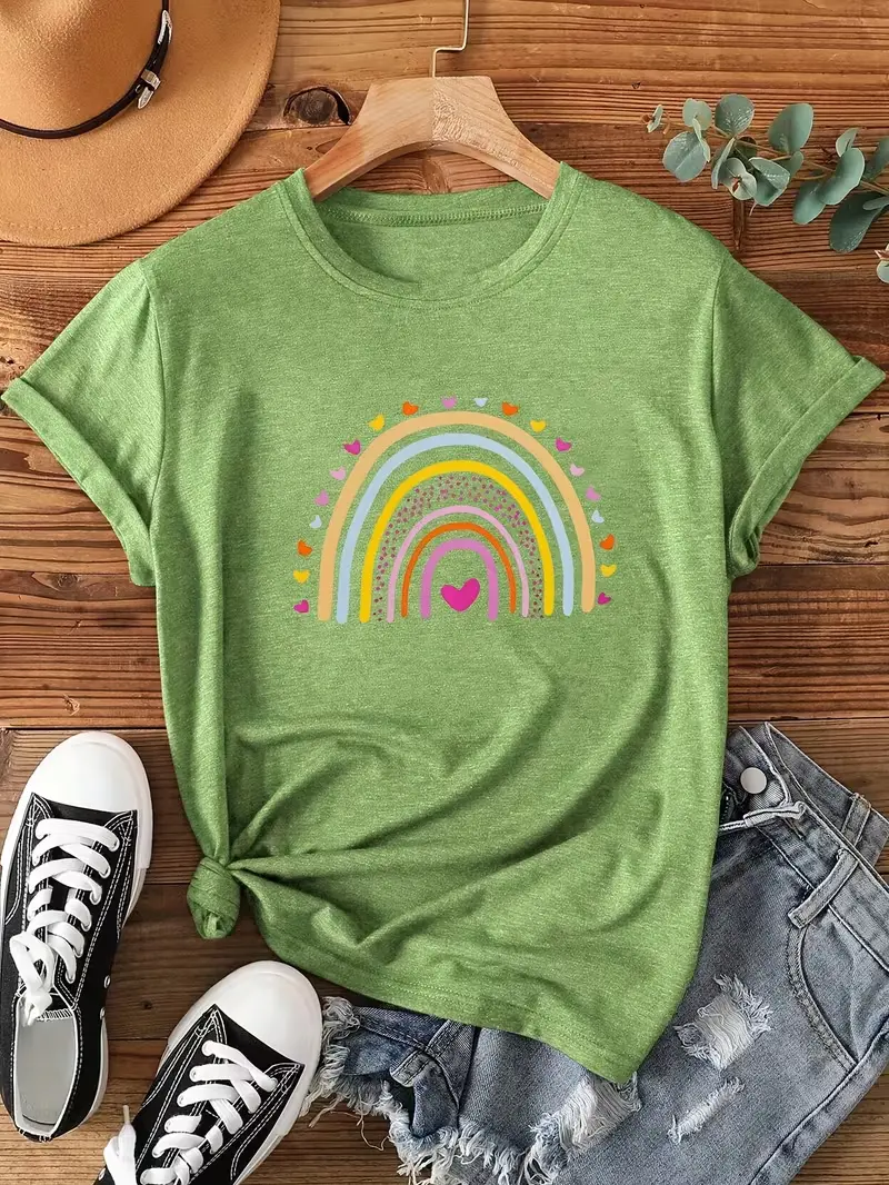 Cute Pastel Heart Rainbow Graphic T Shirt Boho Retro Colorful Rainbow Oversized Women Casual Summer Tee