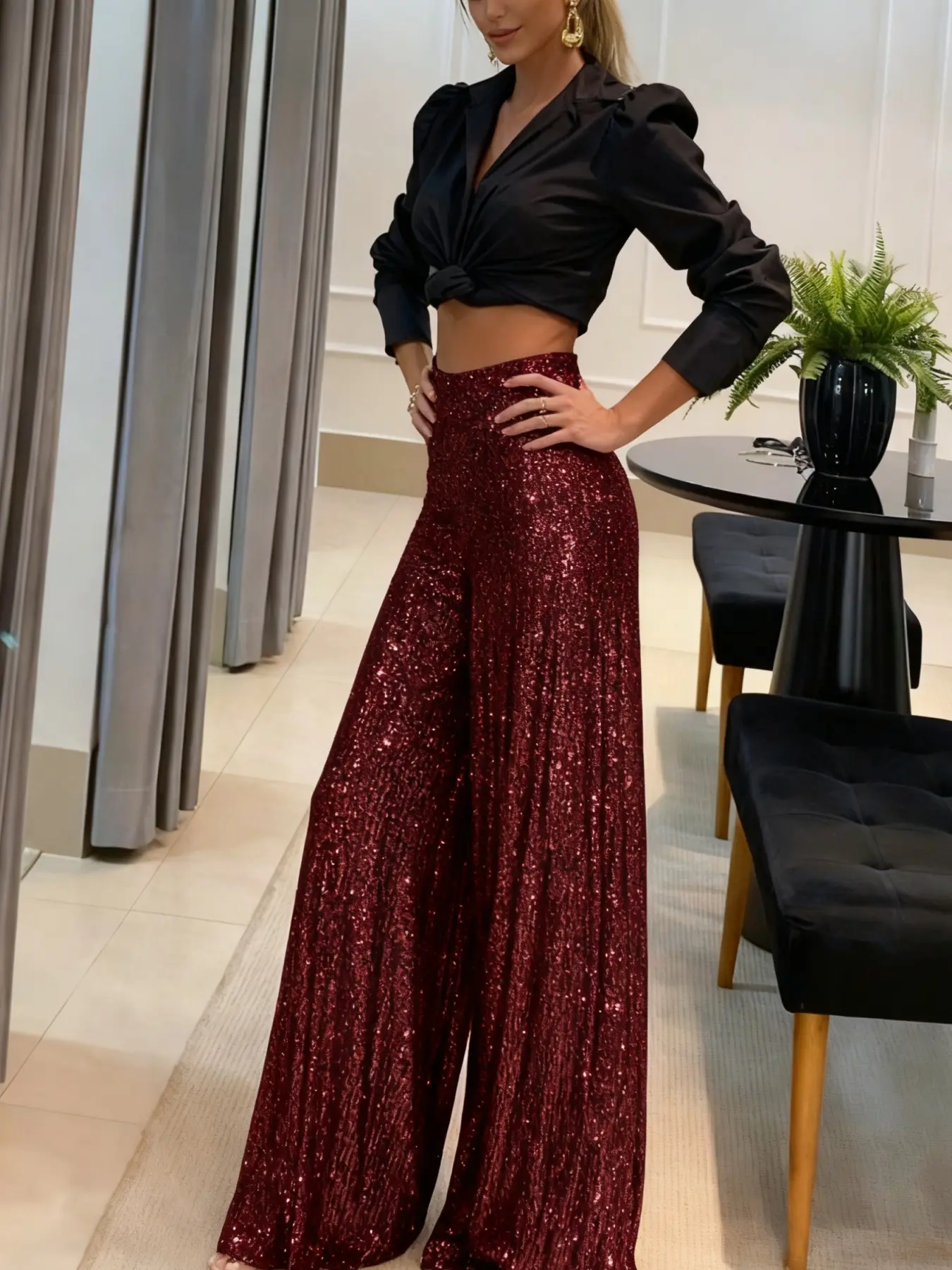 A women's wide-leg version is loose and elegant and inclusive with a good waist elastic design sequin Maxi wide-leg trousers, suitable for autumn and winter, suitable for dinner party style, fashionable red carpet style and other styles Lady Womenswear