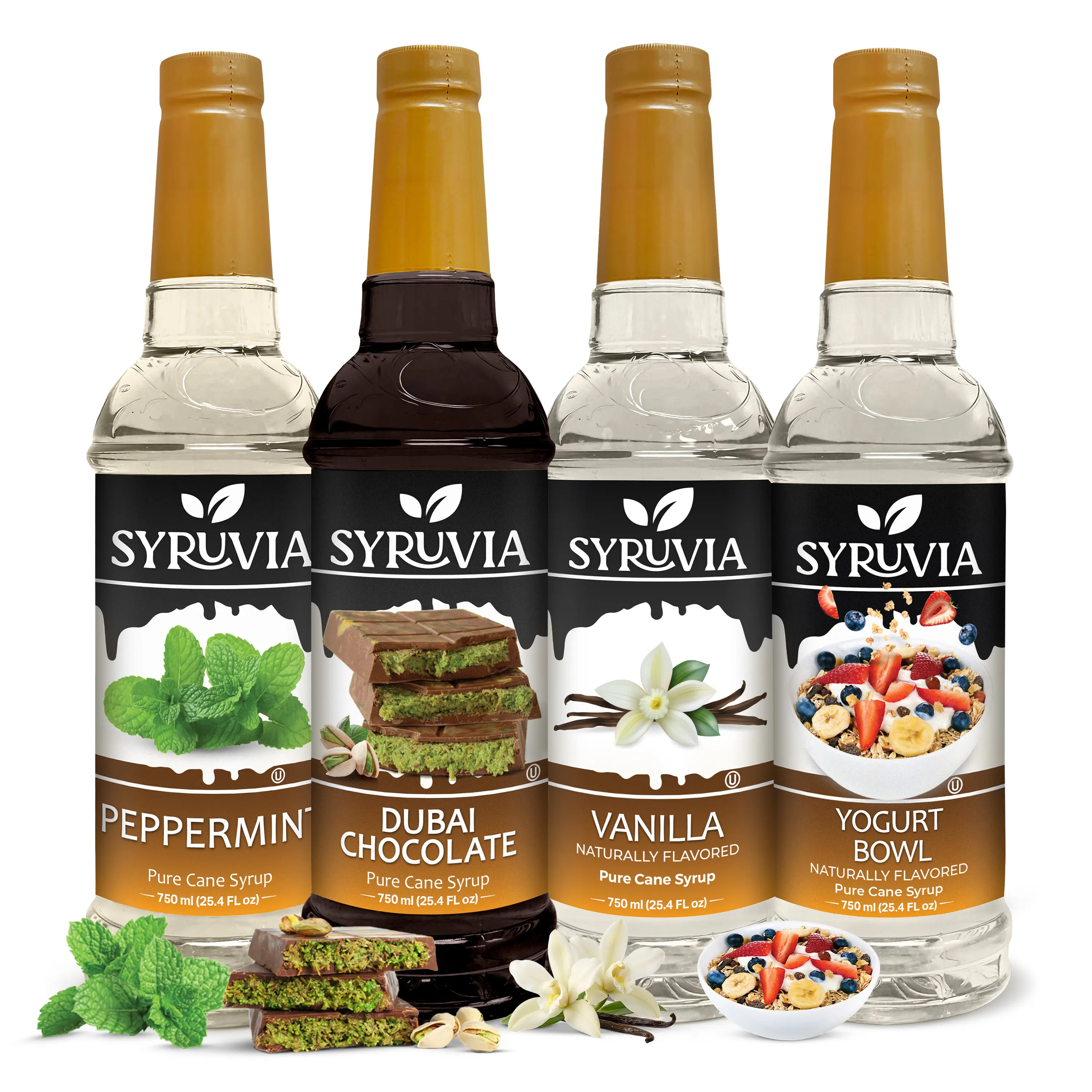 Syruvia Indulgence Collection Gluten-Free Cane Sugar Sweet Beverage Variety Pack - Peppermint, Dubai Chocolate, Vanilla, Yogurt Bowl Sugar Syrups & Concentrates - 25.4 oz Bottles (4 Pack) for Coffee, Desserts