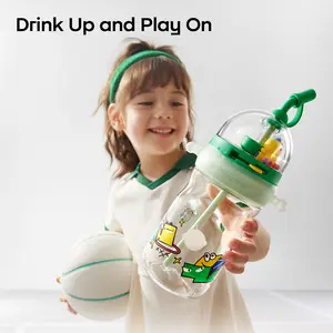 Bc Babycare T-REX SHOOTING GAME CUP, 17oz, Cute Kid Straw Bottles for School Spill Proof Toddler Cups with Soft Silicone Straw and Adjustable Strap