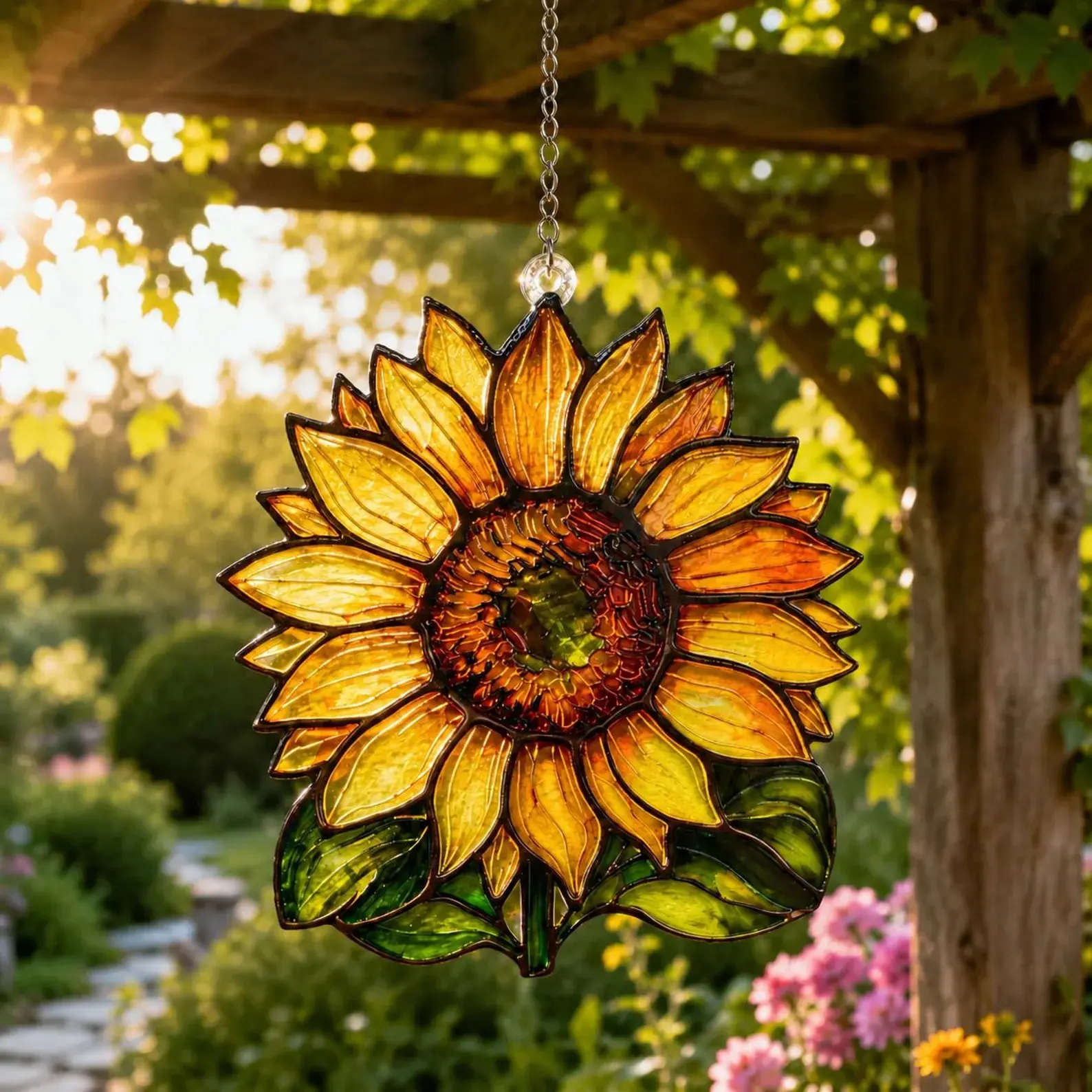 Handmade Stained Glass Sunflower Suncatcher Window Hanging Decor, Acrylic Flower Sun Catcher Wall Art Ornament with Chain, Perfect Garden Gift for Her, Mom, Plant Lovers