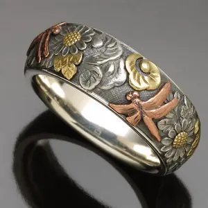 925 Sterling Silver Vintage Embossed Floral Dragonfly Ring, Punk Cross Cat Claw Coin Bracelet, Exquisite Gold-Plated Copper-Toned Jewelry, Unisex, Punk Style, Cross, Vintage, Exquisite Jewelry, Unique Design