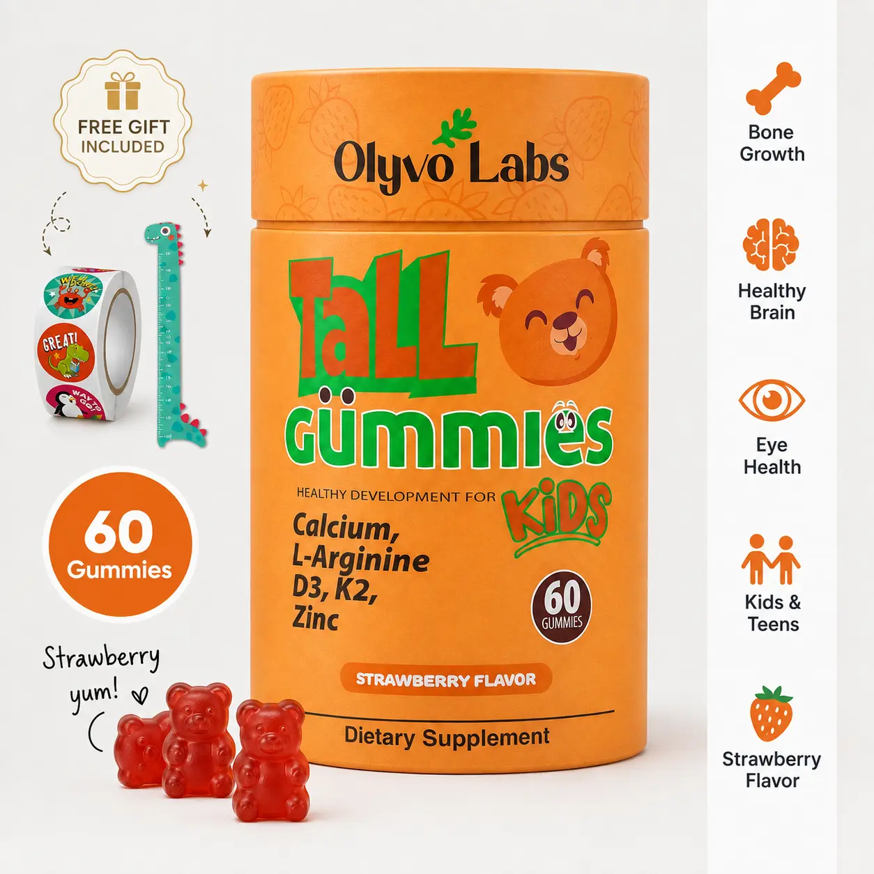 Olyvo Labs TALL Kids & Teen Multivitamin Gummies Ages 2+ | Children's Vitamins with L-Arginine, Calcium, D3 + K2, Zinc, Magnesium & Vitamin C for Growth & Bone Health Support | Strawberry | 60 Count, Supplement, Dietary