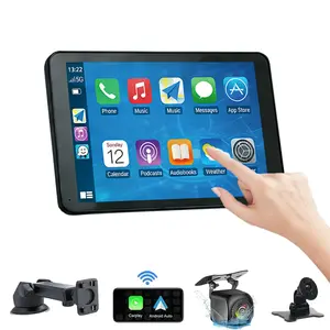 Portable Wireless Carplay Screen 7-Inch Touchscreen with Landscape & Portrait Modes Wireless Carplay Android Auto Suction Mount Mirror Link HD Touch Easy Install Rear View Camera Compatible with Most Cars