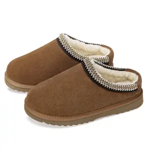 Womens Mens Genuine Suede Leather Slipper Platform Water Resistant Warm Winter Mules Cozy Fur Fleece Lined Anti-Slip Flat House Slippers Indoor Outdoor