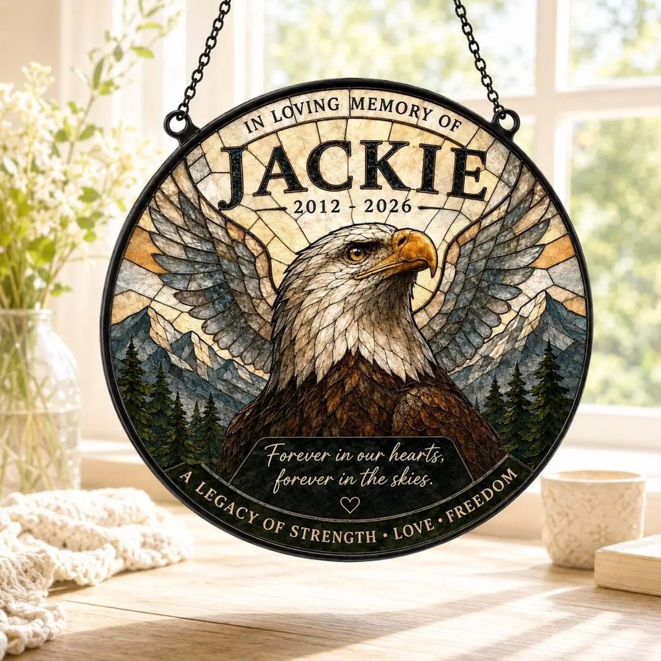 Fly Free Jackie Stained Glass Suncatcher, Bald Eagle Memorial Window Hanging, Big Bear Eagle Tribute, Wildlife Lover Gift, Bird Ornament