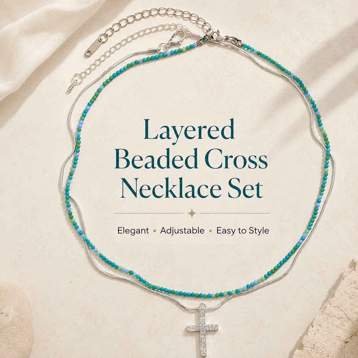 Women's Western Boho Double-Layered Cross Necklace - Silver-Plated Snake Chain & Link, Gradient Turquoise Beaded Strand, Geometric Sparkling Cross Pendant Choker, Adjustable Daily Wear Gift for Valentine’s Day, Birthdays