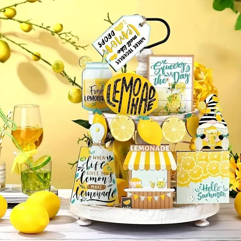 Lemon Theme Wooden Decoration, 13pcs/set Lemon Themed Desktop Decoration without Tray, Home Decor for Living Room Bedroom Farmhouse, Ornaments
