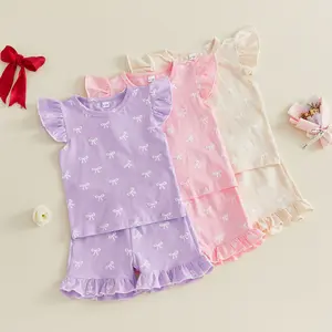Toddler Baby Girl Summer Outfit Bow Print Ruffled Trim Crew Neck Flying Sleeve Tops and Shorts 2 Pcs Set 6M-4T
