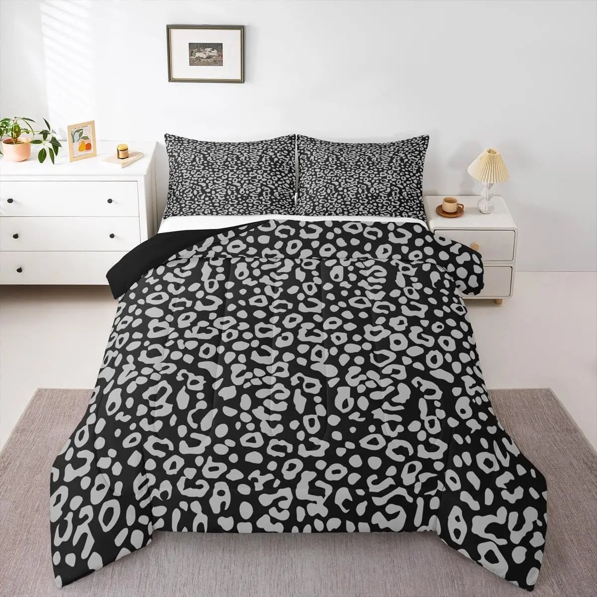 Black Gray Leopard Comforter Set Animal Print Bedding Set for Kids Boys Girls Zebra Duvet Quilt Abstract Bedroom Decor Microfiber