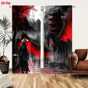 2D Flat Samurai Dragon Battle Black Red White Contrast Curtain 2-Piece Set, Misty Traditional Red Pagoda Dark Mountain Full Moon Tree Water Reflection Window Drapes, Dramatic Ancient Confrontation Home Decor Curtains, Home Decoration Curtain