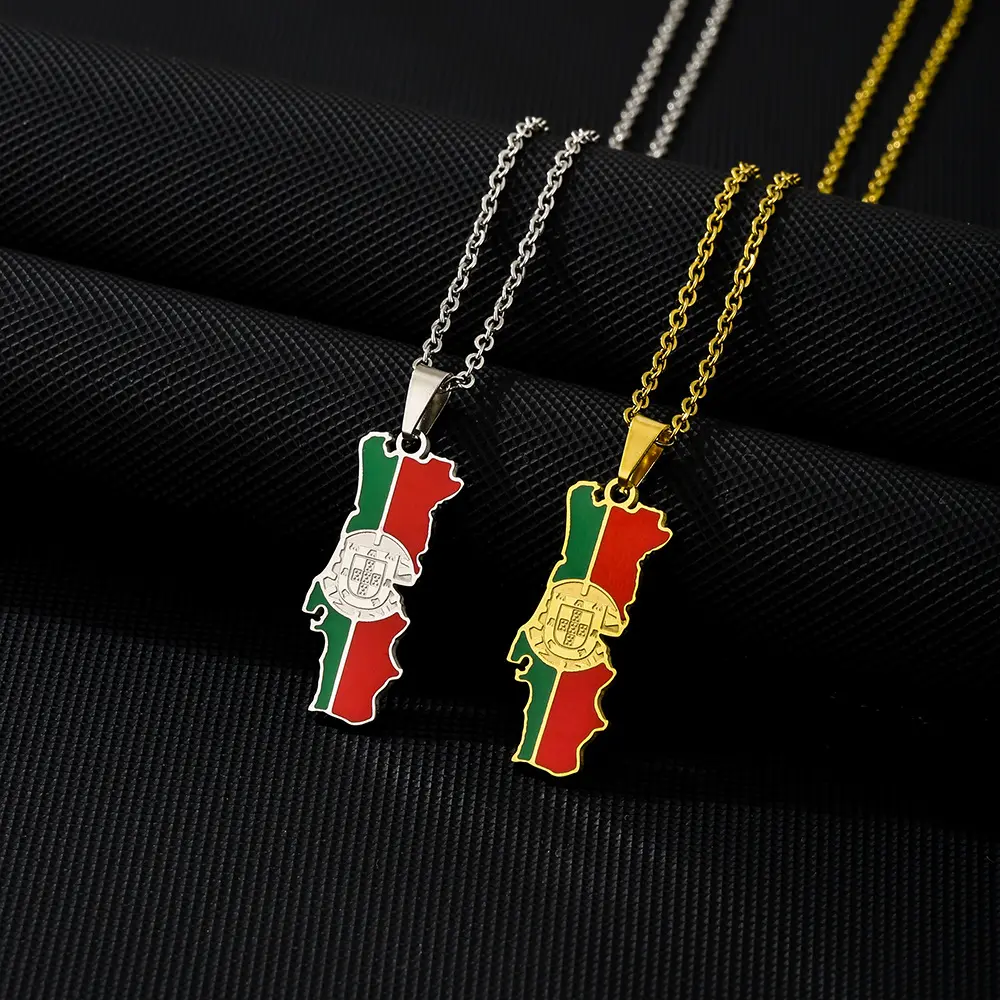 Heart Design Portugal Map Flag Stainless Steel Pendant Necklace, Unisex Couple Jewelry Souvenir, Heart Design Necklace, Birthday