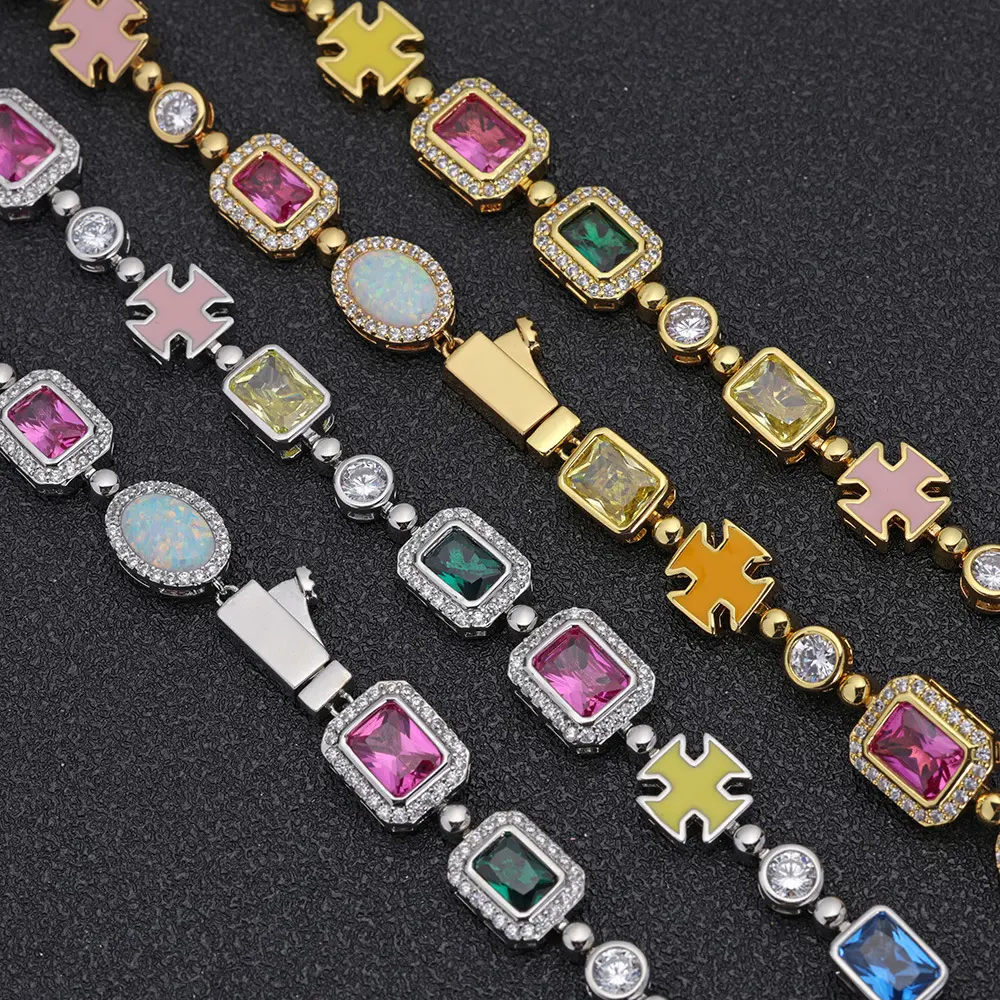 Unisex High-End Costume Jewelry Set - Hip Hop Colored Gemstone Women's Necklace (18-28 in), Zircon Men's Bracelet, Rhinestone Diamond Simulants, Casual Wear Gift, Unisex Piece