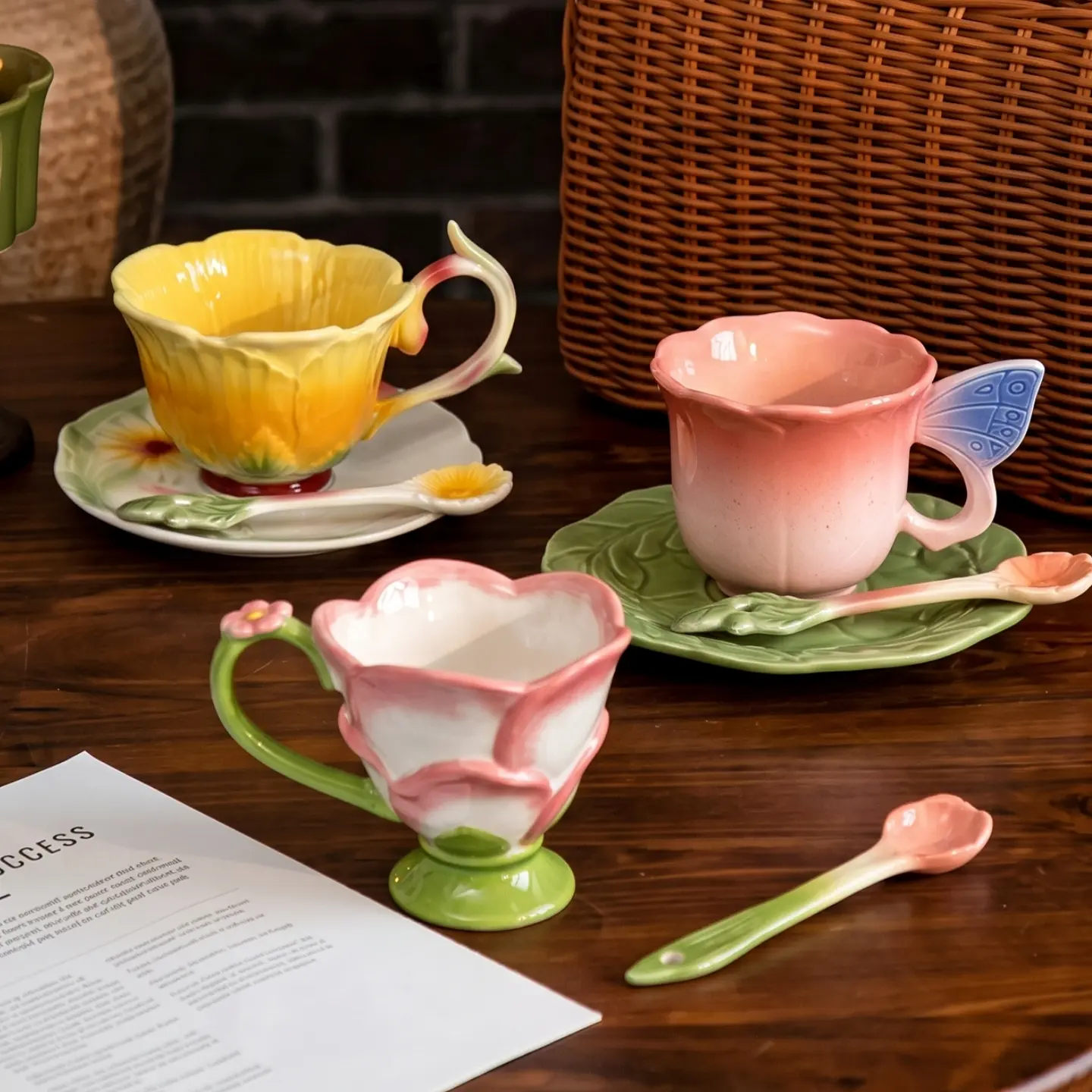 HongDian Pastel Floral Cup Saucer Series,Optional Embossed Coffee Tea Cup,Hand Painted Craft,Relief Flower Handle,Premium Porcelain,Pink Yellow ,SGS Tested Underglaze Fade Resistant,Microwave Dishwasher Oven Sterilizer Safe,Afternoon Tea, Yellow Daisy Cup