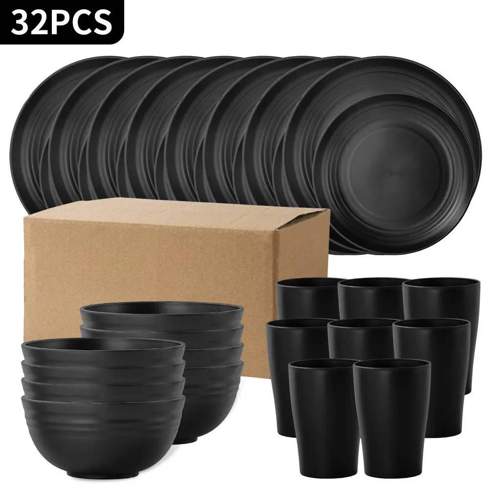 16/32 Piece Plastic Cutlery Set, Durable, Dishwasher Safe, Reusable, Lightweight, Includes Dinner Plate, Salad Bowl, Cup, Plates and Bowls Sets, Ideal for Camping & Picnics, Dishware Sets, Tableware Sets