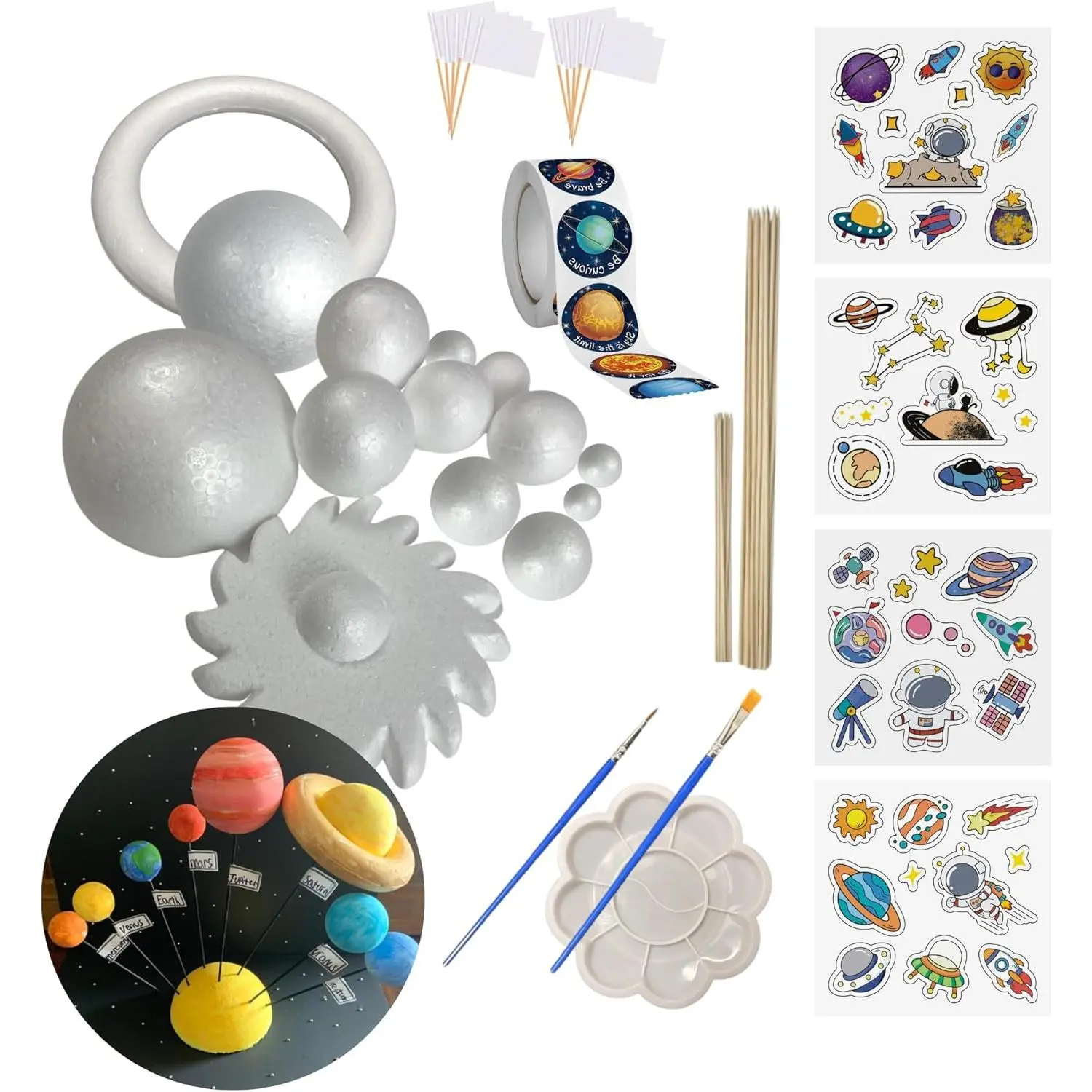 58-Piece Lightweight Solar System Model Kit - Educational DIY Planetarium Toy with Foam Balls, Brushes, Sticks, Flags, 12*2in Stickers, Easy Coloring for Parents, Promotes Creativity Stimulation & Hands-On Learning Activity