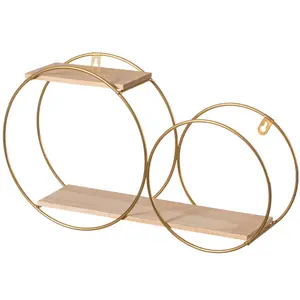 360 stand Decorative Tiered Circle Floating Accent Shelf - Gold Metal Frame, Pine Wood Shelves, Wall-Mountable Wall Decor Display for Photos, Vintage Home Decor