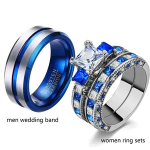 Ringcrown Couple Rings Matching Ring Three Stone Princess 1.5ct CZ White Golden Plated Women Wedding Ring Sets For Him And Her Ring Sets Men Blue Tungsten Steel Wedding Band