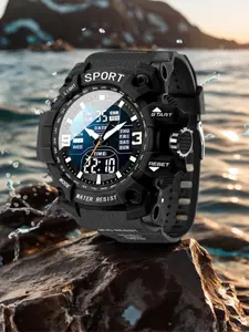 New Fashion Men's Outdoor Waterproof Watch, Trendy Multifunctional Watch, LED Display Digital Countdown Alarm Clock, Student Sports Dual Display Watch