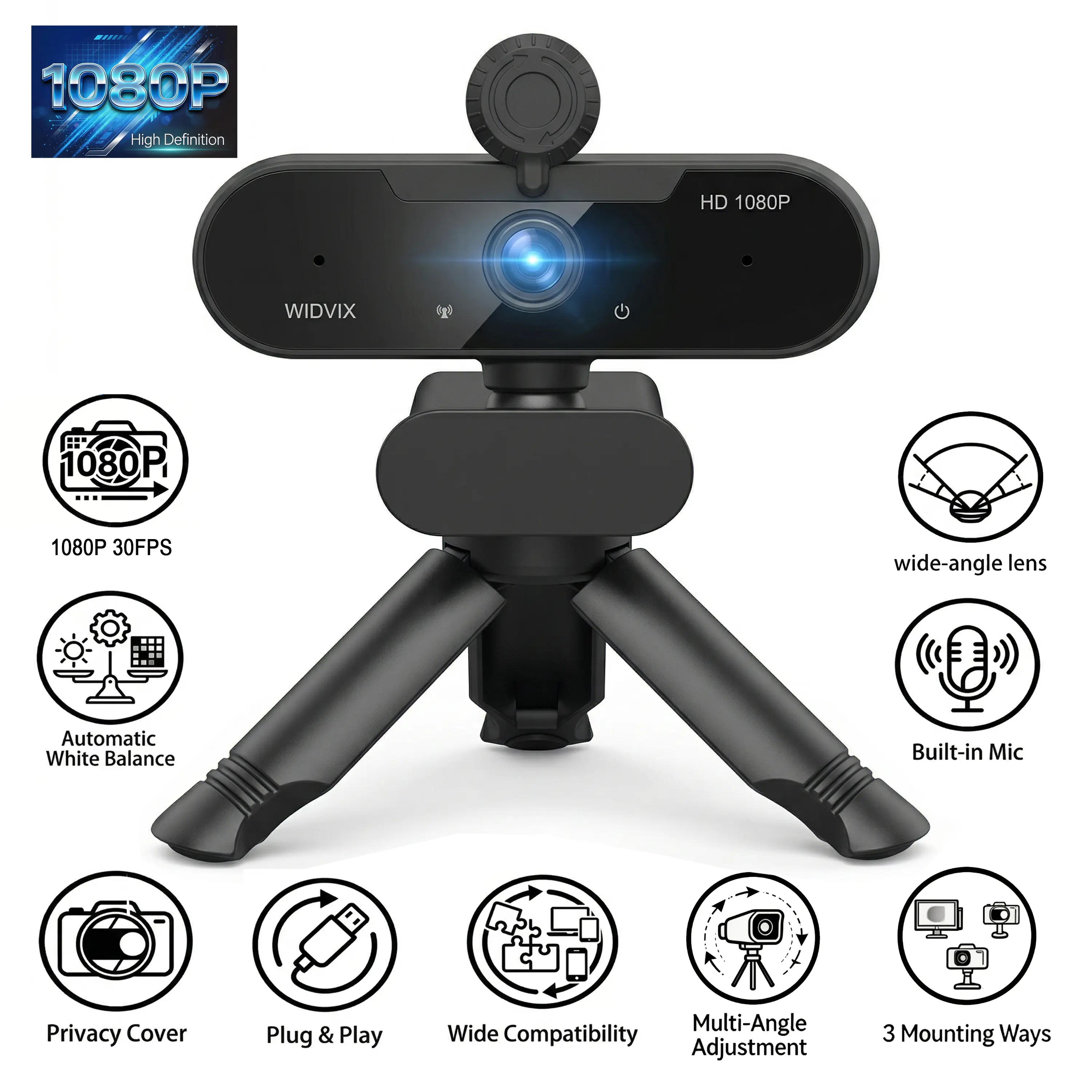 WIDVIX 1080P 30fps Digital Camera USB Wired Webcam for PC - 110° Wide-Angle Lens, Built-in Noise Reduction, Auto Low-Light Correction, Privacy Shutter, Tripod Base, Plug & Play, Ideal for Zoom Meetings, Streaming,summerwins