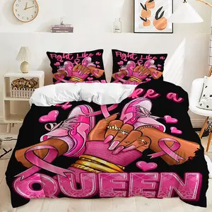 Fight Like Queen Pink Ribbon 2/3pcs Duvet Cover Set, Black Gold Scheme Bedding Set, Soft Bedding Sets, Includes 1 or 2 Pillowcases-Fillers Not Included, Zipper Closure