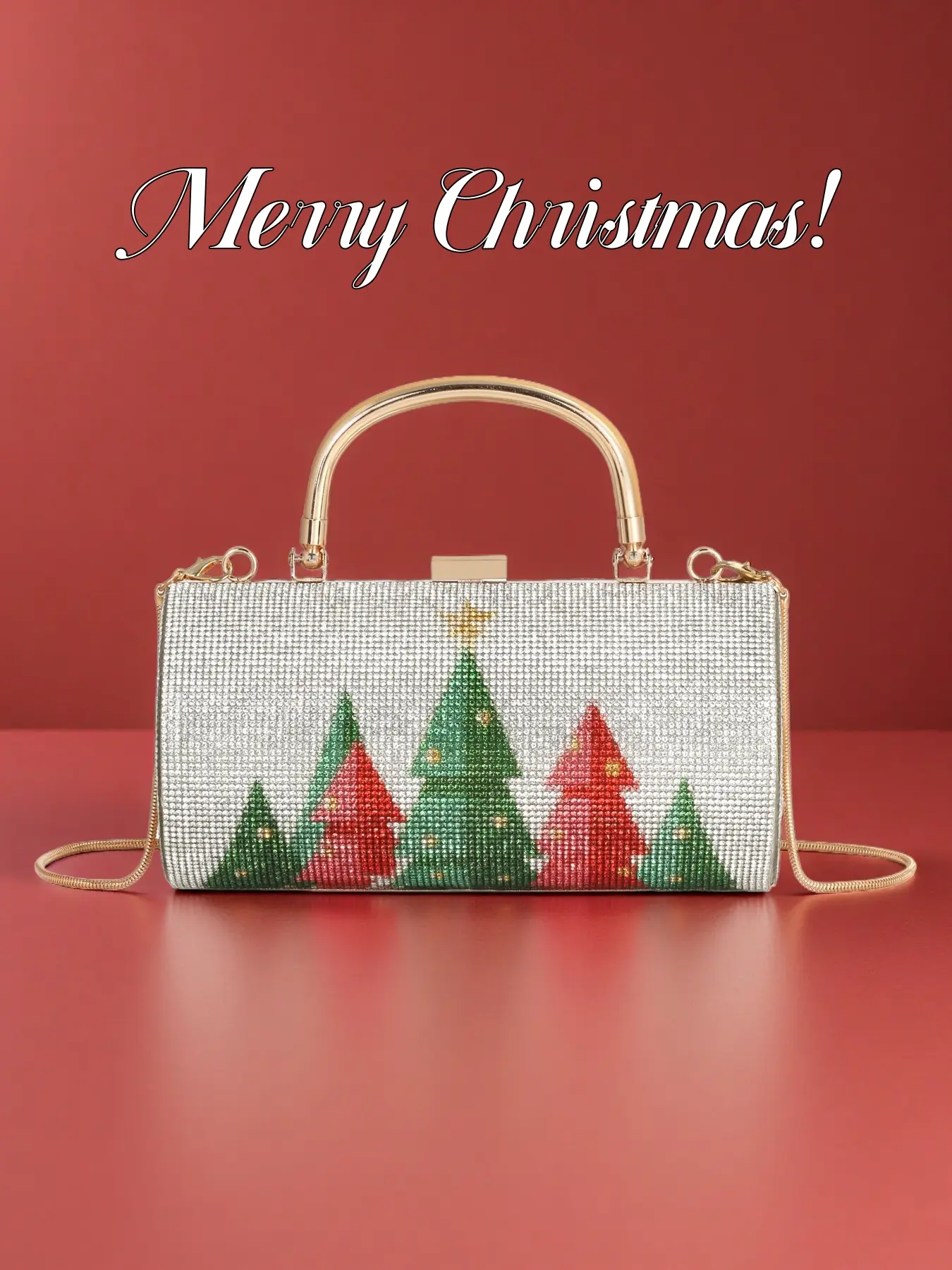 [Christmas Gift]Shiny Women's Rhinestone Handbag Evening Bag, Christmas Tree Pattern Cylinder Crossbody Bag, Metal Chain Shoulder Bag for Parties