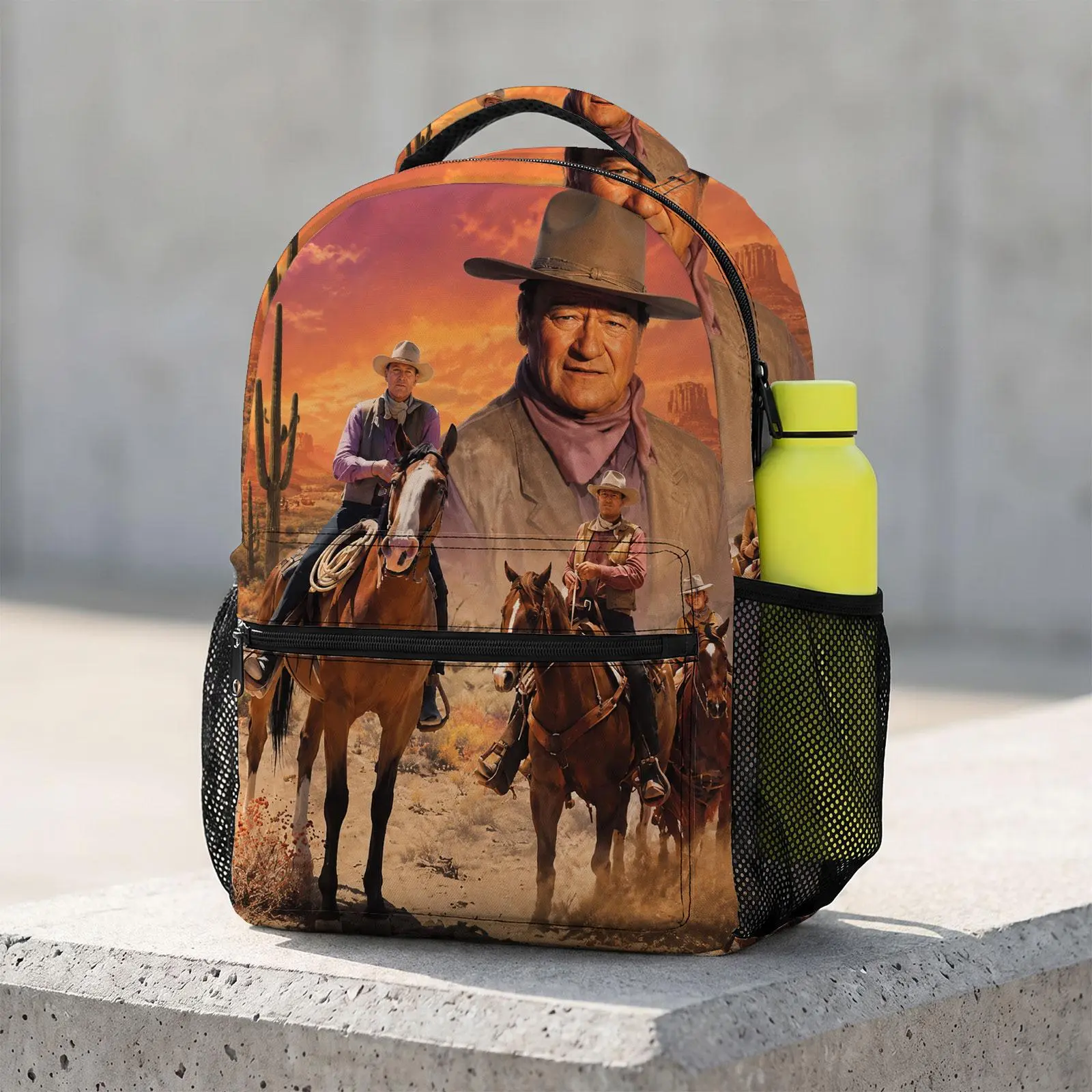 John-Wayne-Western-Sunset-Cowboys Cute Cartoon Backpack 17-Inch | Kawaii Print School Bookbag | Large Travel Daypack with Water Bottle Holder for Teens Kids