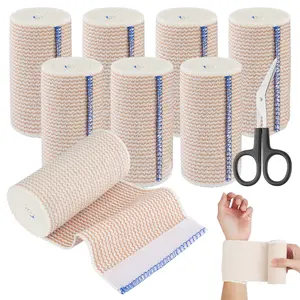 8 Pack Elastic Bandages – Cotton Compression Wrap with Self-Adhesive Velcro Strap, Includes 1 Scissors – For Arm, Leg, Chest Injuries, Sprains, Swelling – First Aid Essential