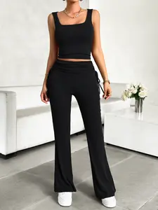 Women’s Square Neck Ribbed Crop Tank & High-Waisted Drawstring Wide-Leg Pants Two-Piece Set | Casual Comfortable White Outfit