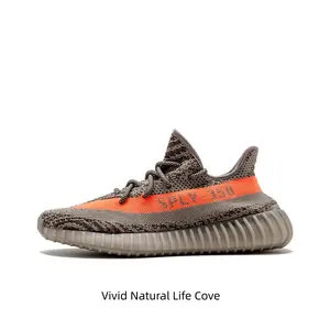 Grey and Orange Knit Low-Top Sneakers with SPLY-350 Lettering and Translucent Cushioned Midsole
