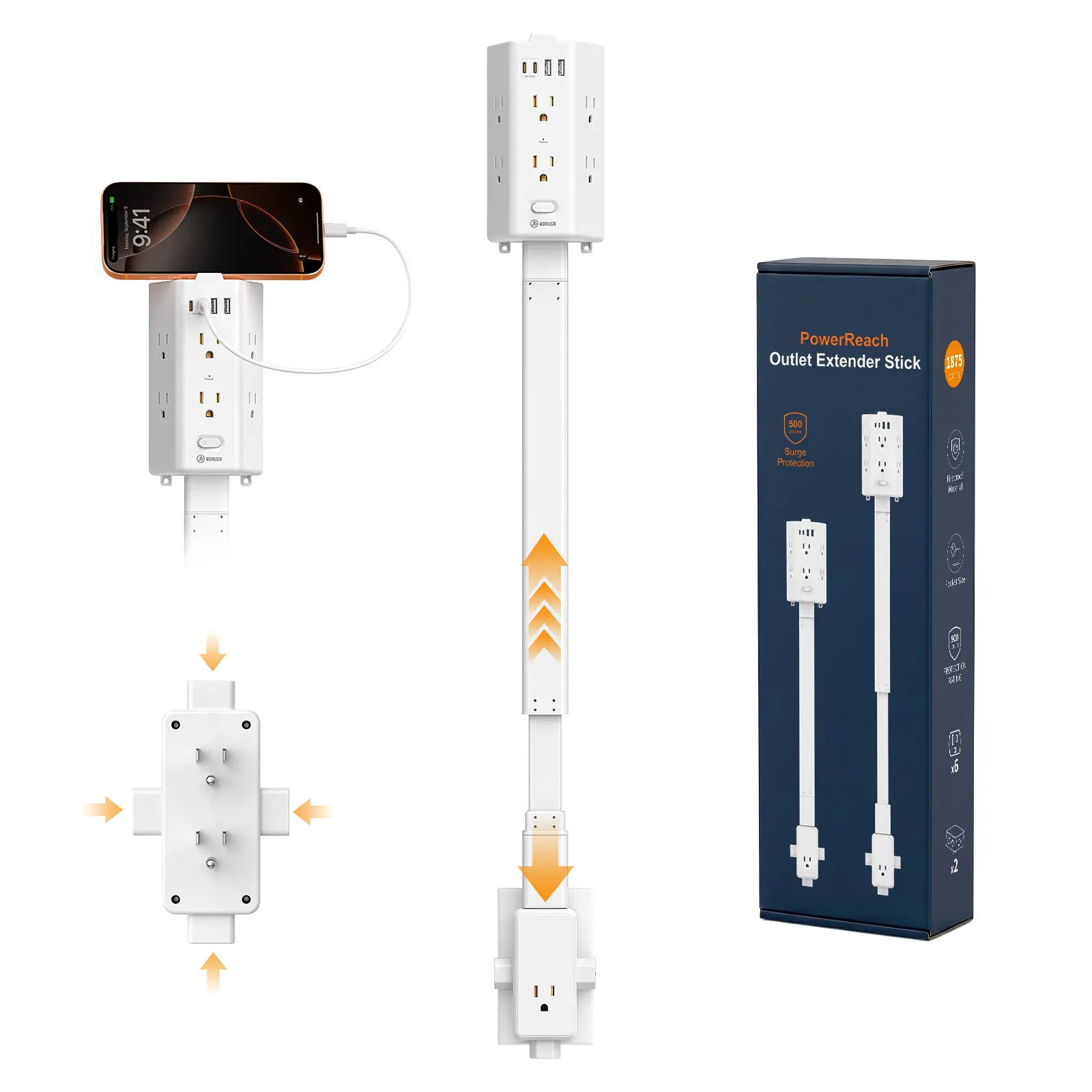 HONIZER Flat Outlet Extender Stick,6 Widely Spaced AC Outlets PD 20W USB-C, Extendable 26"-35.4", 4 Way Extendable Flat 0utlet for Behind Couches, Nightstands, Desks, and Dorm