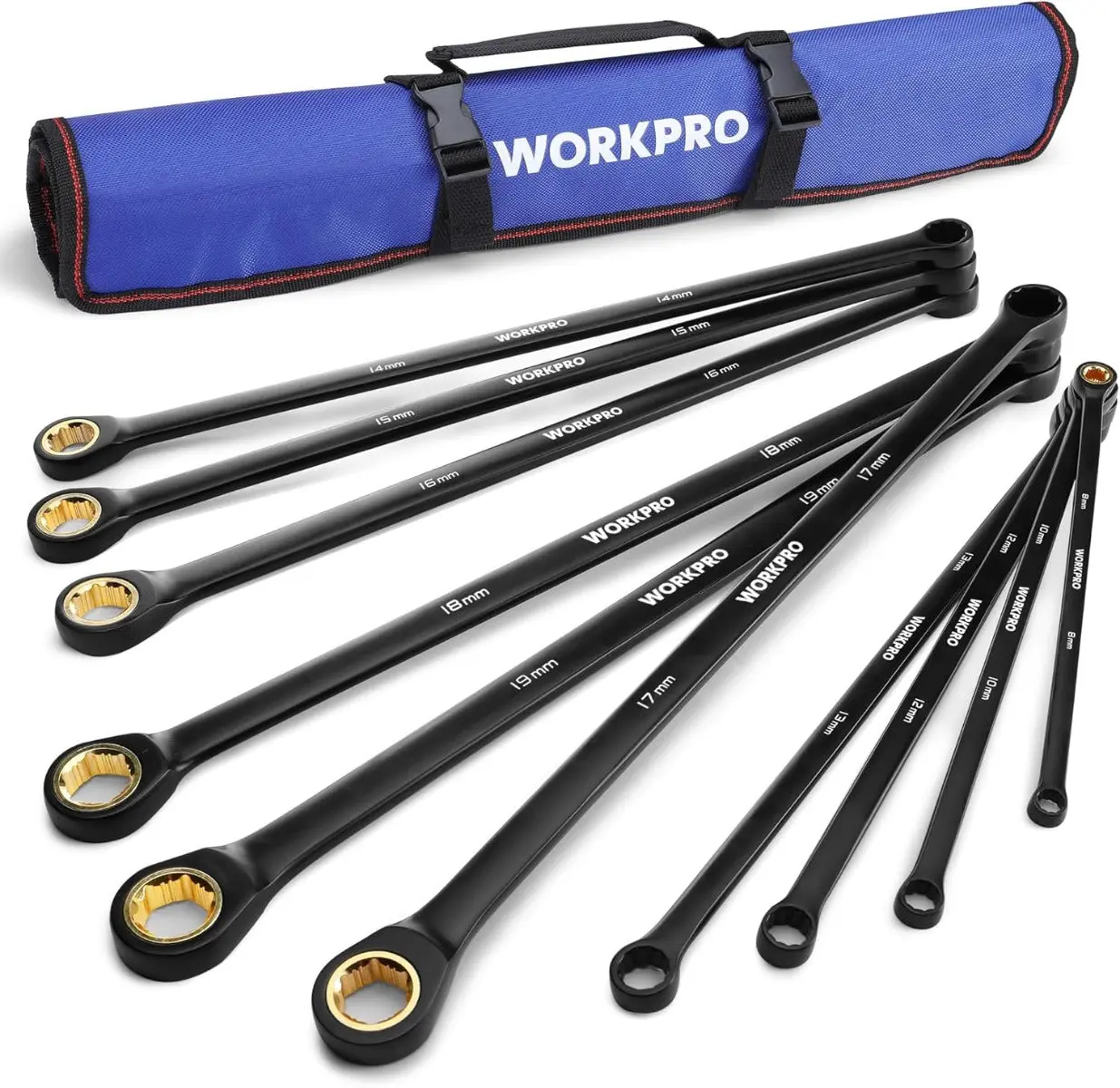 #fathersdaygift WORKPRO Extra Long Ratcheting Wrench Set, 10-Piece Anti-Slip Double Box Wrenches Set, Metric 8-19 mm, 72-Teeth, Cr-V Steel and Black Electrophoretic Coating Wrenches with Rolling Pouch