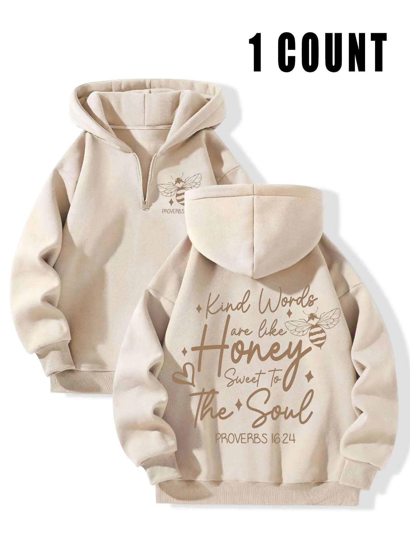 Religious Inspirational Half-Zip Hoodie Women, 'kind Words Are Like Honey' Quote Bee Graphic, Loose Fit Knit Fleece Cottage Core Plants Print Sweatshirt Pullover for Fall Winter Casual Wear