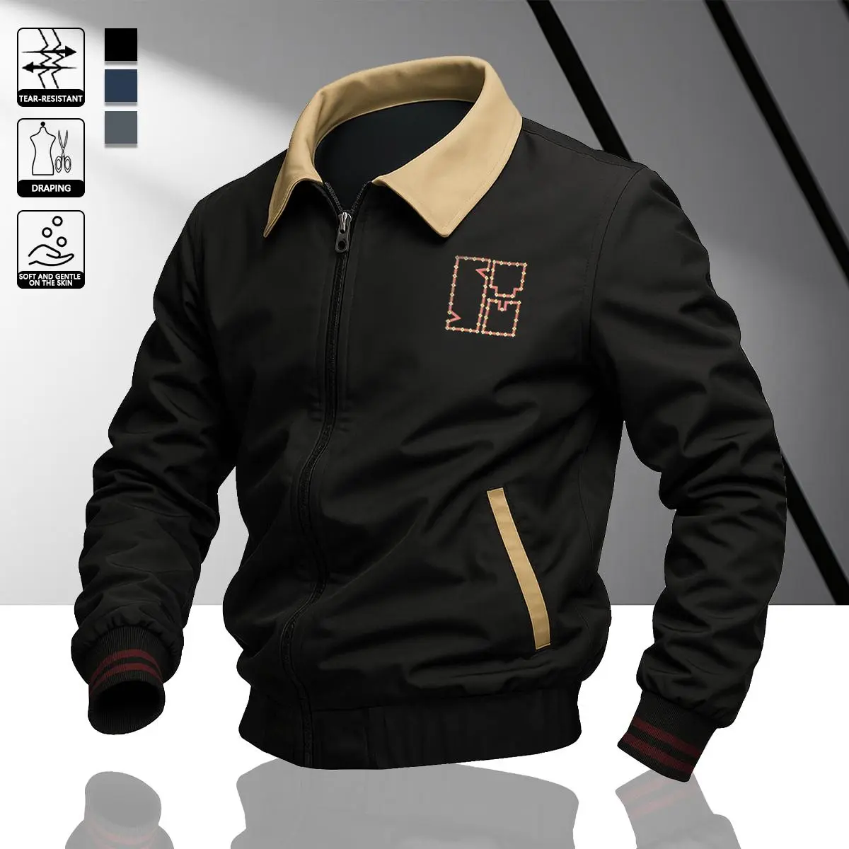 Men’s color-block varsity jacket with a turn-down collar, made from lightweight, abrasion-resistant fabric. Features zippered pockets and an American vintage style. Comfortable for campus wear. Available in matching styles for couples. Spring/Summer jacke