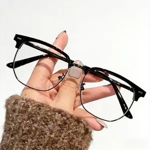 Popular Browline Square Glasses, Semi-Rimless Metal-Plastic Optical Frames, Fashion Stylish Eyeglasses for Daily Wear, Casual Outfits & Vision Care