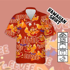 PKM Eev Summer Fun Ghost Pattern Shirt, Anime Hawaian Shirt for Men – Funny, Breathable & Comfy Tropical Outfit, Perfect Gift for Him on Birthday, Mother’s Day, Father’s Day, Christmas & Summer Vacation