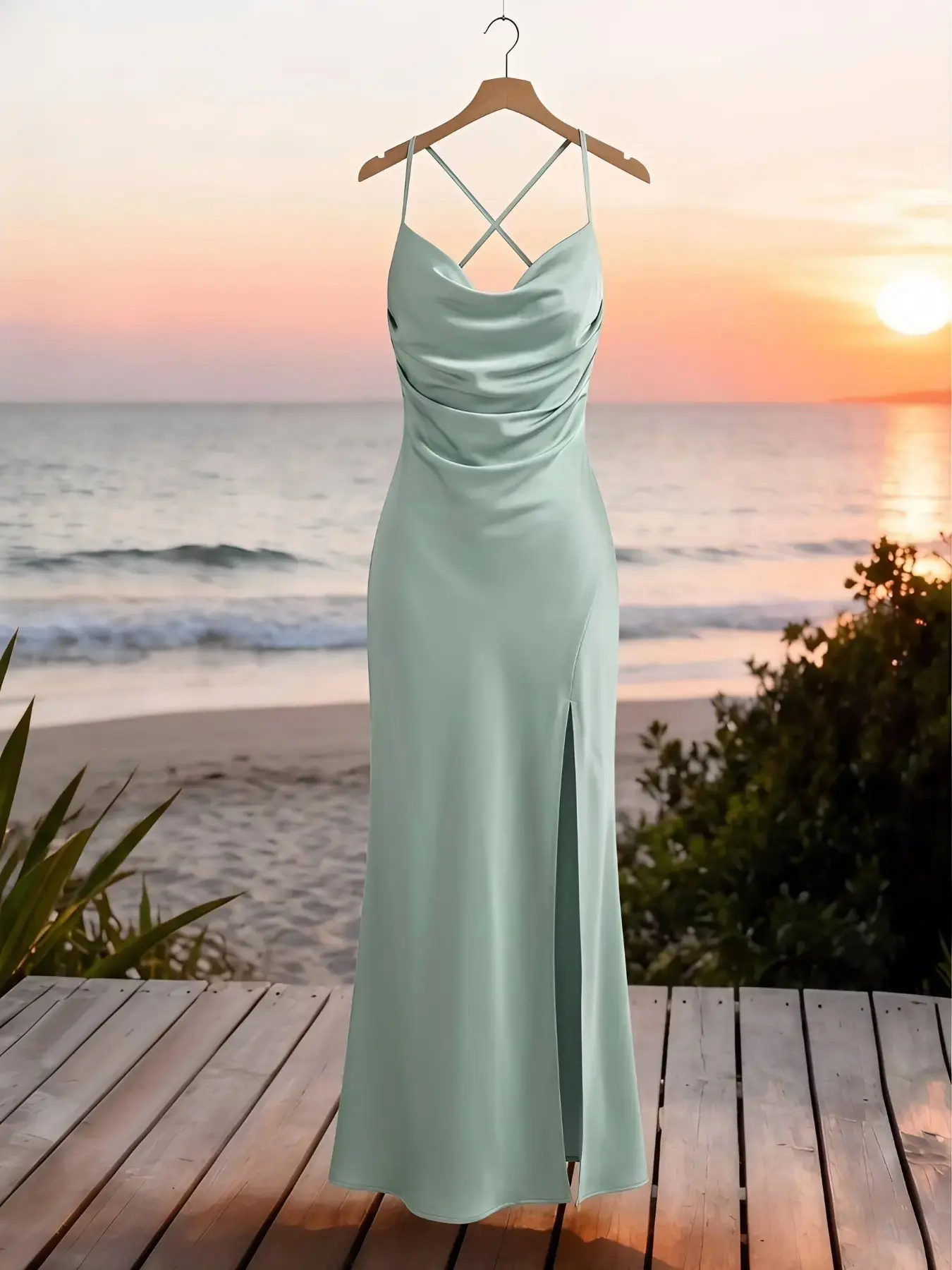[Graduation Season] Elegant Minimalist Women's Satin Long Dress Gowns, V Neck Backless Spaghetti Strap Sleeveless Fitted Dress Design, Perfect for Weddings & Formal Events, High-End Fashion Style, Formal Wear