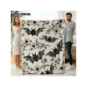 Vintage Sketch Gothic Halloween Black Bat Floral Printed Soft Cozy Flannel Throw Blanket