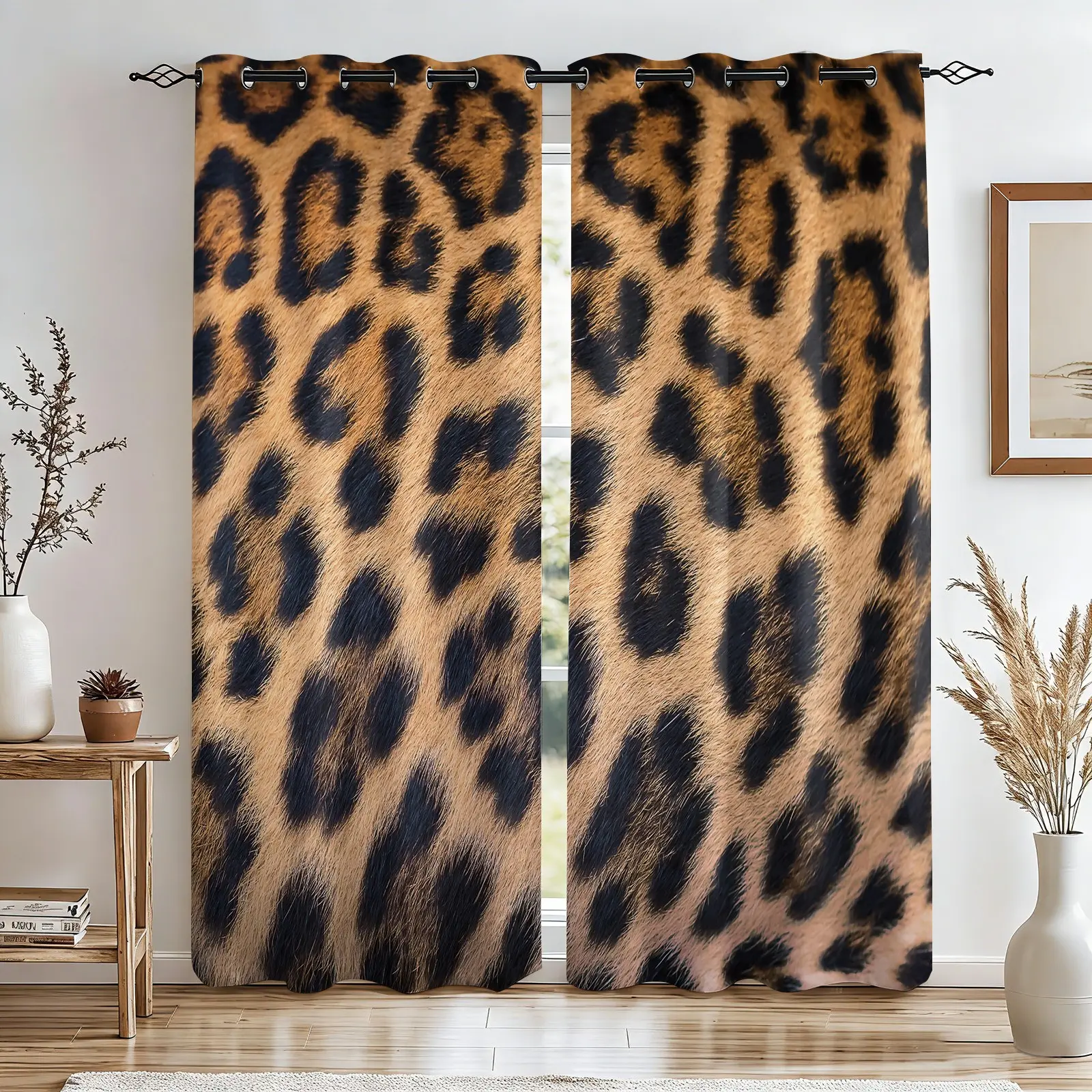 2 Panels Leopard Print Grommet Curtains, 80%-90% Light Blocking Printed Curtains, 3D Faux Fur Darkening Curtains, Luxury Animal Print Decoration Curtains for Bedroom & Dorm, Blackout Bedroom Curtains, Polyester Curtain