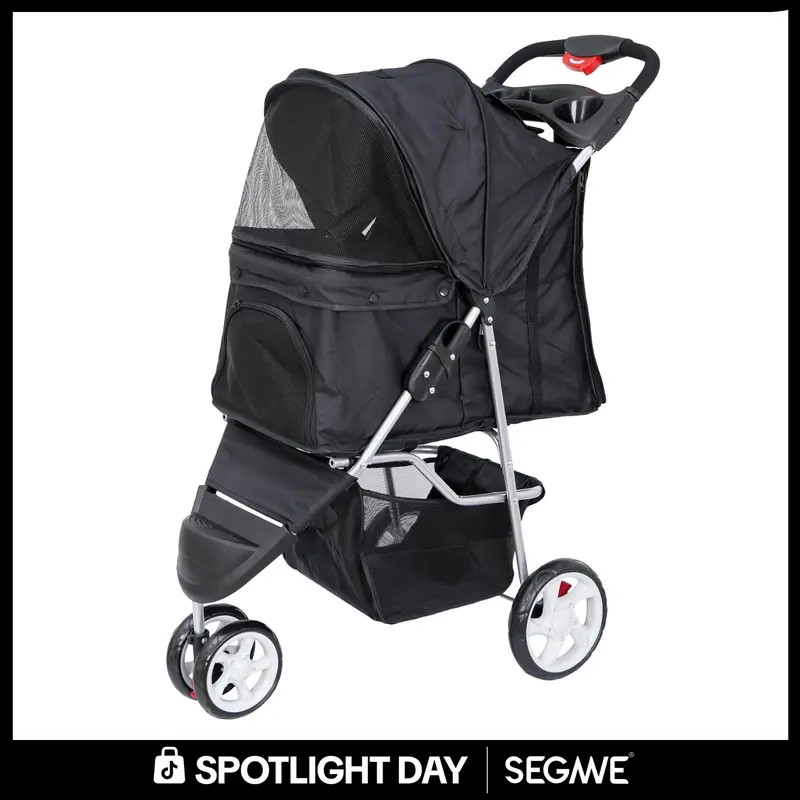 Segawe Foldable 3-Wheel Pet Stroller - Durable Metal-Frame Outdoor Dog & Cat Carrier, Thick Secure Fabric, Smooth Zipper Easy-Close Design, Mesh Windows, Gear Storage Basket, Stable Structure (21.3in x13in x20.9in), Reduces Joint Strain, 33 lbs Capacity