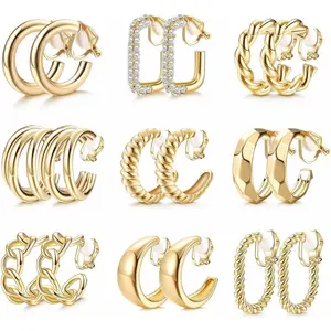 CASSIECA Chunky Look Clip Hoops Earrings Stacks 14K Gold-Plated Non-Pierced Tear Drop Earrings for Women, Daily Wear Fake Costume Jewelry Summervibes