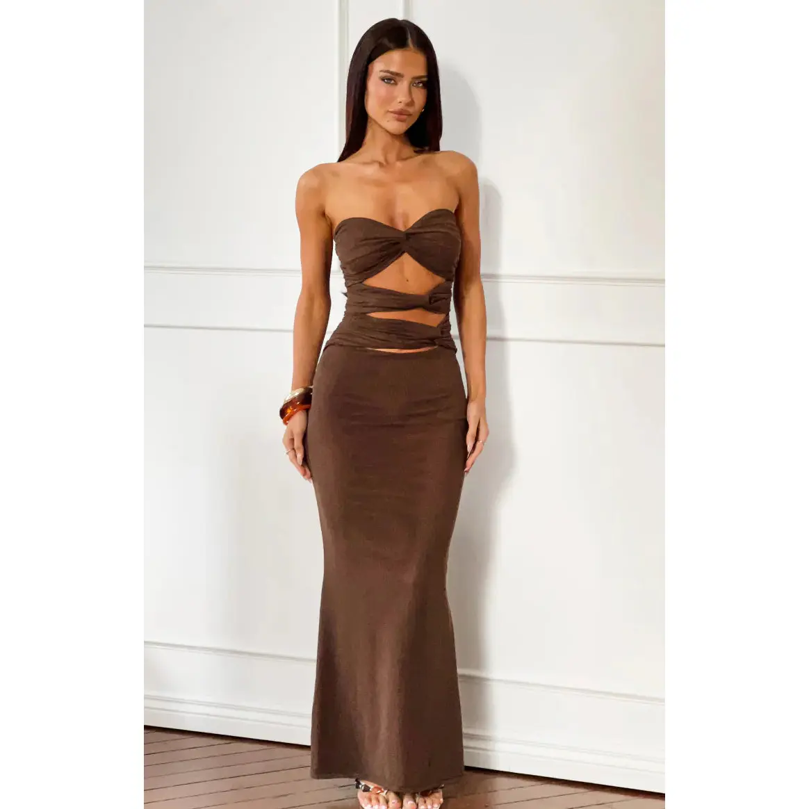 Junipa Chocolate Brown Strapless Cutout Maxi Dress