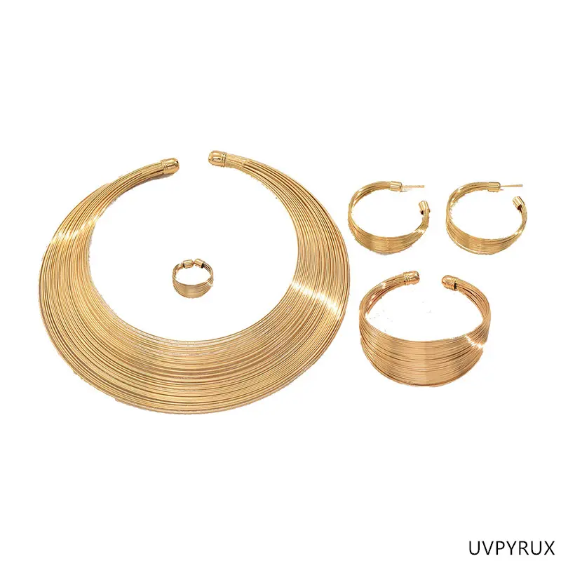 UVPYRUX Women's Luxury Gold Aesthetic Necklaces Set - Multi-Layer Metal, Geometric Line Design, Adjustable Necklace, Open Collar Bracelet, Bracelet Stacking Arm Candy Accessories Kit