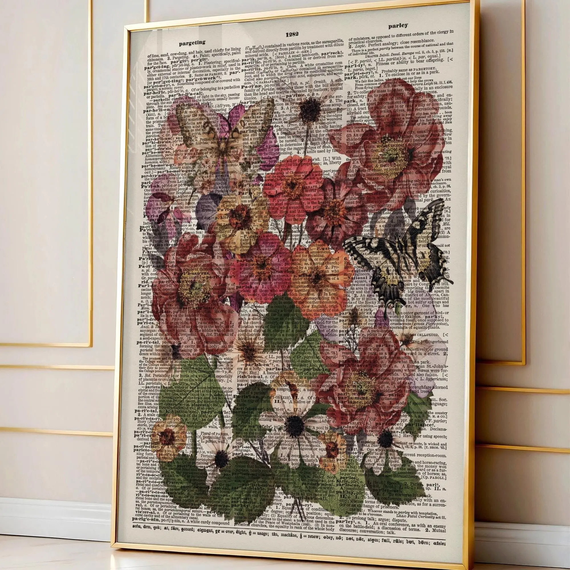 Antique Wildflower Dictionary Art Poster, Flower Themed dictionary prints, Vintage Wall Decor Newspaper (No Frame)