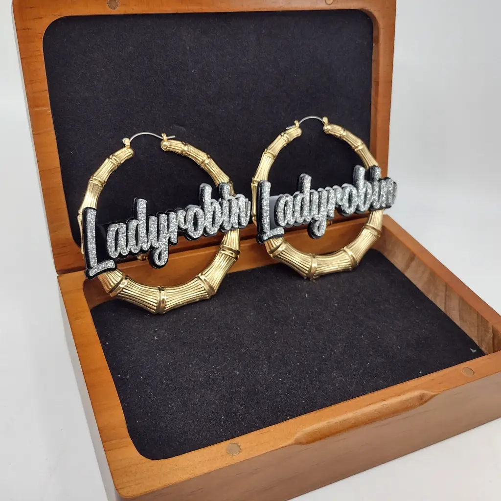 Custom Name Gold Bamboo Hoop Earrings with Background Color – Personalized Nameplate Statement Earrings, Large Customizable Gold Hoops, Hip Hop Fashion Jewelry for Women, Girls, Teens, Birthday Gift, Christmas Gift, Trendy Urban Accessories
