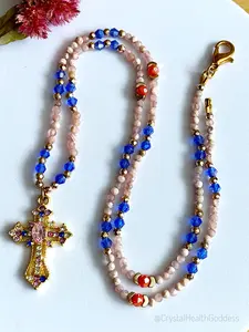 Rhodochrosite with Austrian Crystals Christian Cross Necklace